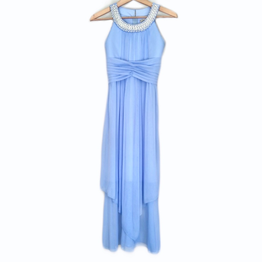 Worn Once! Blue Halter Pearl Maxi Formal Dress